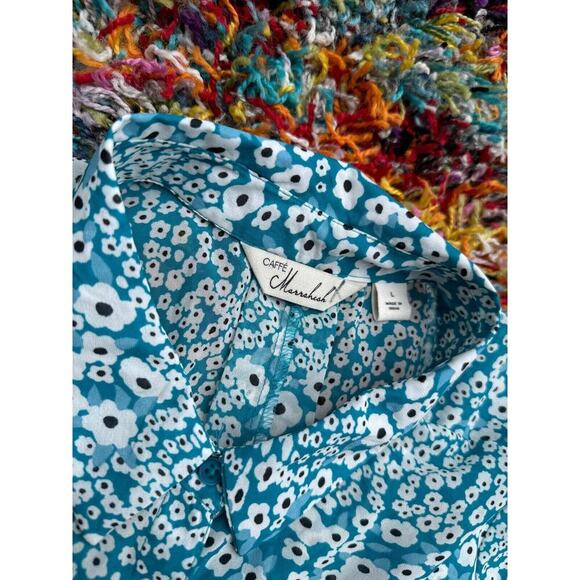 Cafe Marrakesh Women’s Floral Tunic Top Blouse Blue L Peasant Button Front - Picture 3 of 11